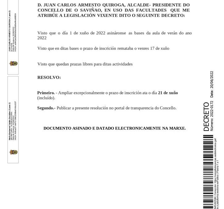 Ampliación inscrición aula de verán